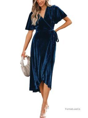 Ribbed Knit Midi Dress V Neck Belted Short Sleeve Semi Formal